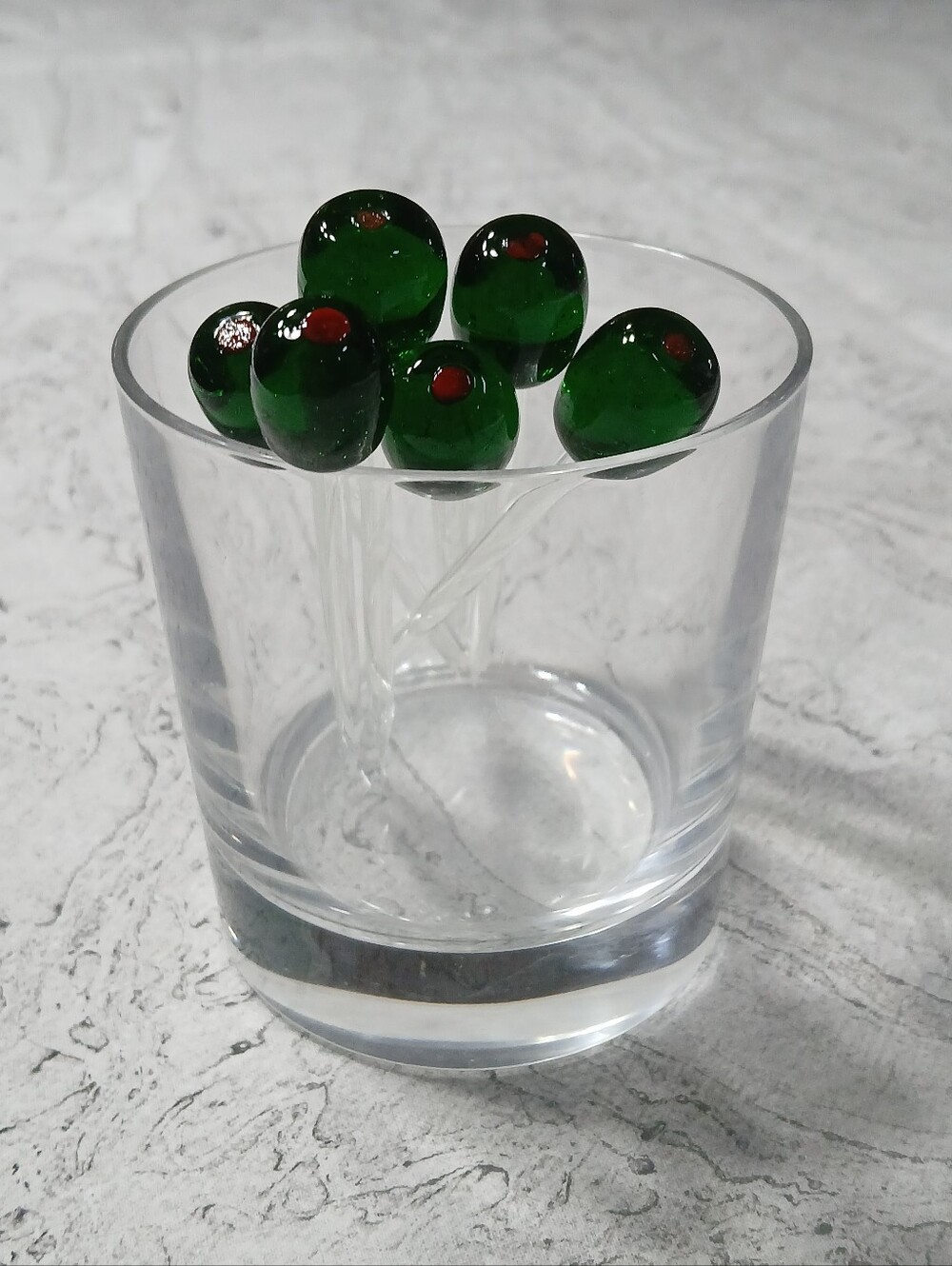 Handblown Art Glass Olive Swizzle Martini Cocktail Sticks Picks Set of 6 EUC